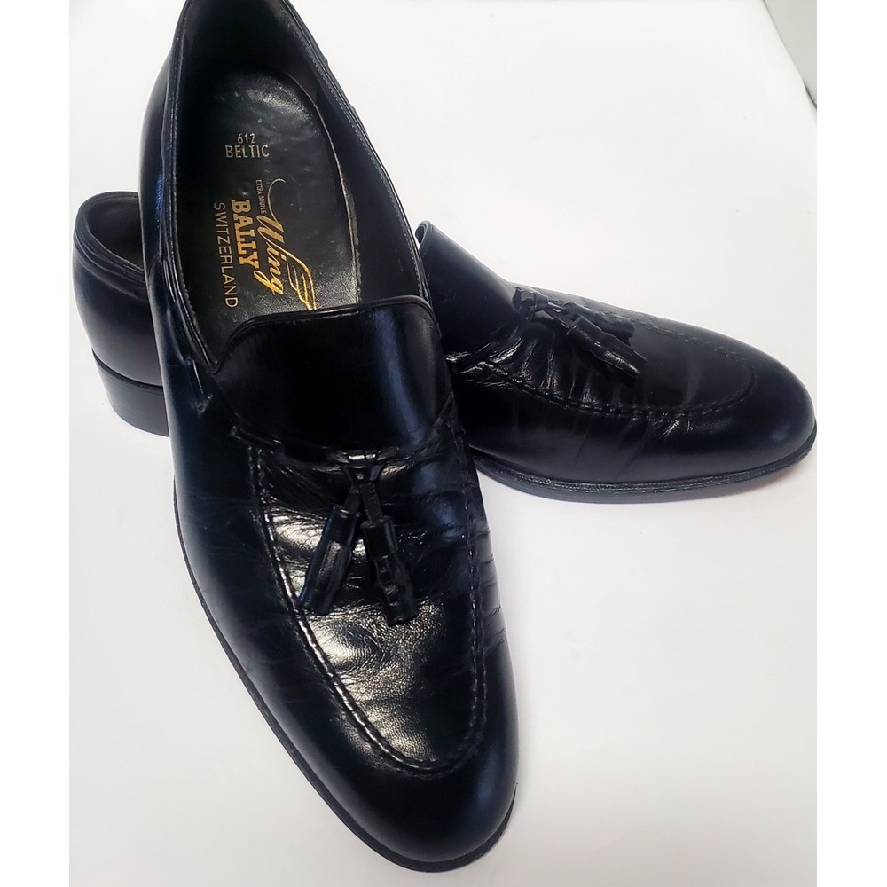VTG Bally Wing Switzerland Shoes 612 Beltic Black Loafer Tassels 9.5B Leather